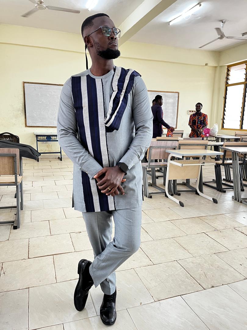Grey long-sleeve tailored set with navy panel details